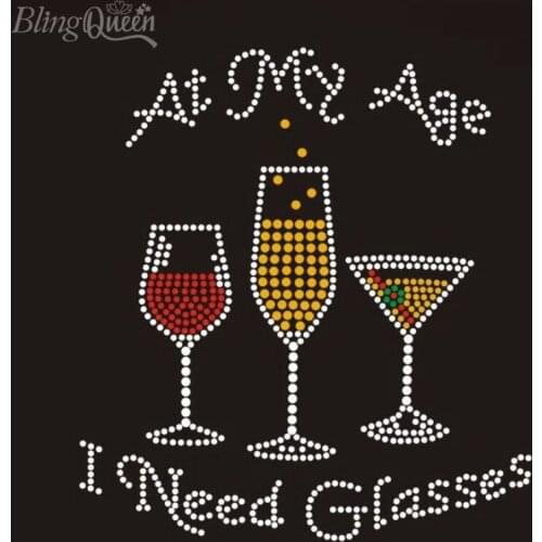 BlingQueen 25PCS/LOT Korean Rhinestone Iron On Transfers Hot Fix Iron On Patches At My Age I Need Glasses Design