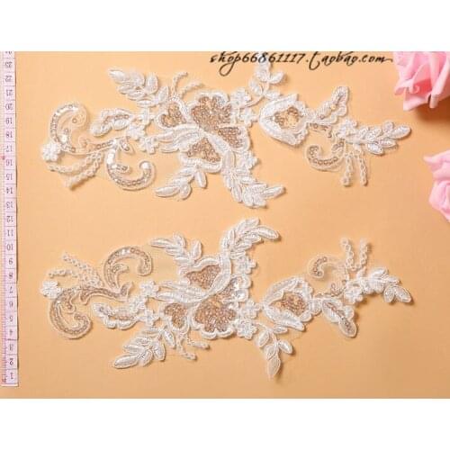 3 Pairs Off White 27*12.5cm Embroidered Flower Sequin Lace Applique Lace Trim Dress DIY Lace Accessories fREE sHIPMENT