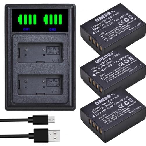 3Pcs 1400mAh NP-W126 NP W126 NP-W126S W126S Battery + type-C Dual LED Charger for Fuji HS30EXR HS50EXR X100F X-PRO1 X-PRO2 X-A1
