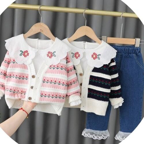 New Girls Princess 3pcs Clothes Set Baby Kids Children Autumn Long Sleeve T-shirt Tops+Knitted Cardigan+Jeans Lace Pants S12957