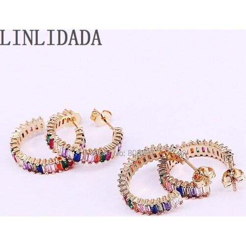 6Pair NEW Fashion Gold Color Micro Pave Multi-color CZ Crystal Charm Stud Earrings for Girls/Women Jewelry