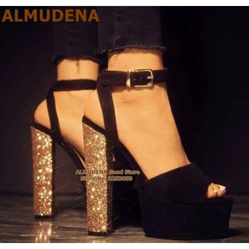 ALMUDENA Gold Silver Sequined Chunky Heels Black Suede Patchwork Platform Sandals Bukle Strap Bling Bling Wedding Shoes Size47