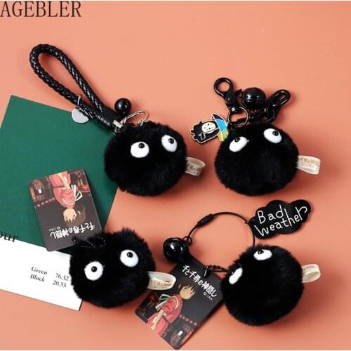 Japanese Style Cartoon Anime Keychain Girls Gift Cute Black Coal Fur Ball Key Chains Car Bag Pendent Charm AirPods Accessories