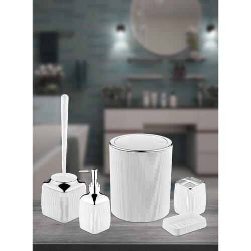 OceanLand Striped Chrome 5 Pcs Bathroom Set Hard Plastic Raw Material Toothbrush Holder Soap Dispenser Toilet Brush Dustbin