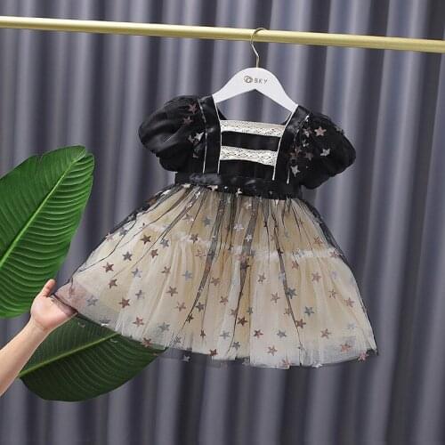 Summer Childrens Puff Sleeve O Neck Patchwork Mesh Star Princess Birthday Party Girls Ball Gown Tutu Lolita Dress Vestidos