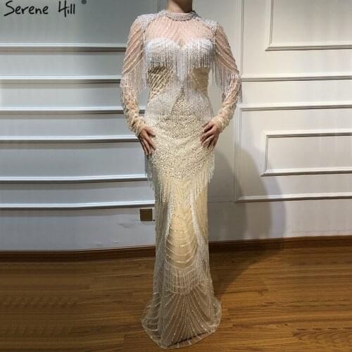 Dubai Luxury Mermaid Tassel Beading Evening Dresses 2020 New Long Sleeves Elegant Sexy Evening Gowns Serene Hill LA6662