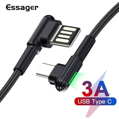 Essager USB Type C Cable For Samsung S20 S10 Plus Xiaomi mi 10 90 Degree 3A Fast Charging Wire Cord USB-C Charger Type-c Cable