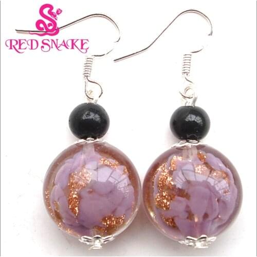 RED SNAKE Fashion Earring Handcraft Ablaze Purple with Golden sand spot Murano Glass Dangle Earrings