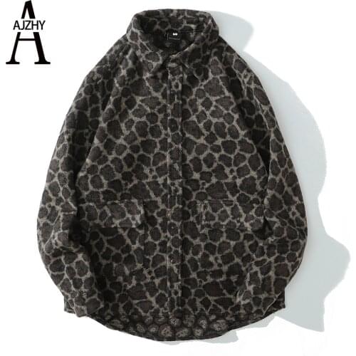 AJZHY Leopard Flannel Shirt Jacket Mens Oversized Winter Warm Streetwear Casual Fashion Vintage Harujuku Long Sleeve Dress Shirt
