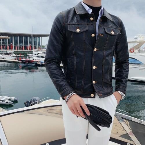 Faux Leather Jacket Men Autumn Slim Leather Coat Casual Korean Style Mens Single-breasted Lapel Leather Jacket Veste Cuir Homme