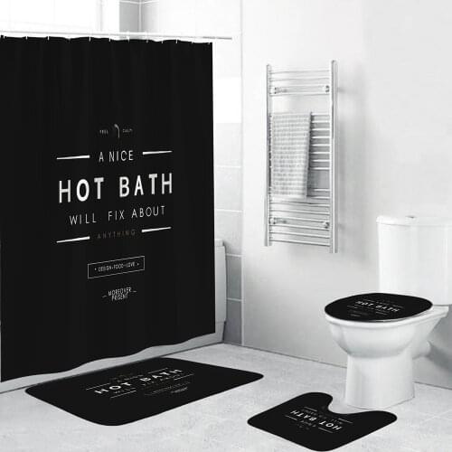 HOT BATH Black Design Shower Curtain Minimalism Bathroom Decor Set 4 Piece Toilet Cover Mat Polyester Fabric 71" W x 71" H