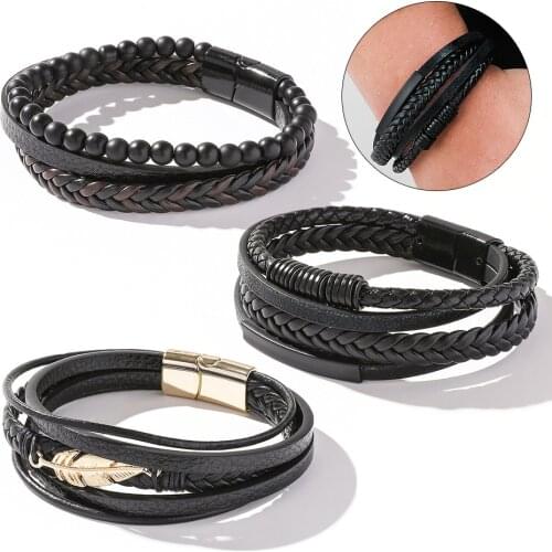 Multi Layer Leather Feather Shape Accessories Mens Bracelet Classic Leather Bracelet Fashion Punk Woven Bracelet Birthday Gift