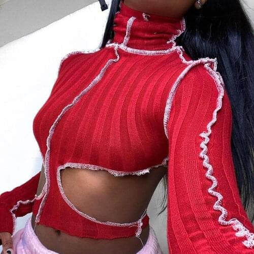 OMSJ Fashion Patchwork Stripe Asymmetry Tank Top Red Hot Sexy Turtleneck Long Sleeve Female Bodycon Pullover Crop Top Streetwear