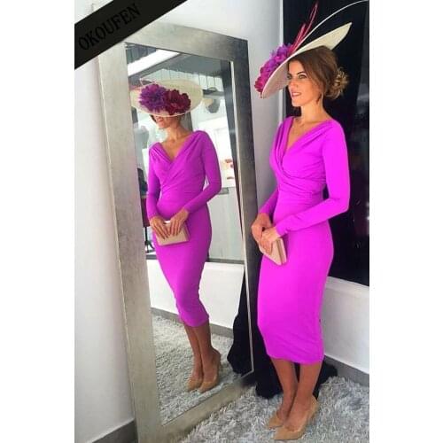 Simple Mother of the Bride Dresses 2021 Below Knee Length Women Long Sleeves V-Neck Fuchsia vestido de madrinha