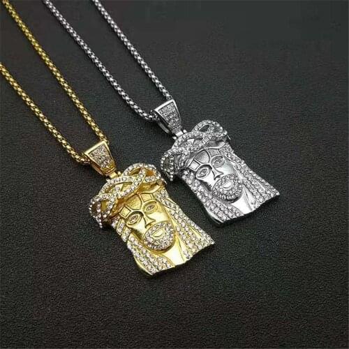 Iced Out Bling Jesus Head Pendant With Chain Stainless Steel Rhinestone Gold Color Mens Hip Hop Street Jewelry Dropshipping