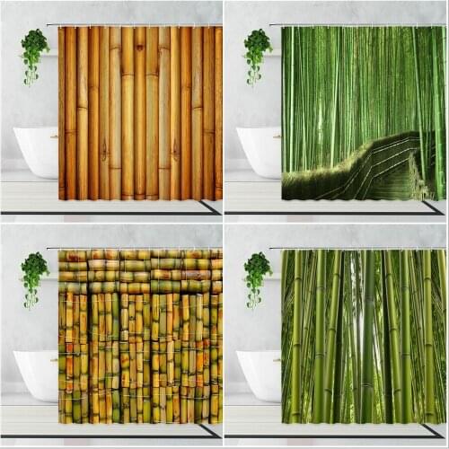 Fabric Bamboo Shower Curtain Green Plants Landscape Printing Bathroom Supplies Waterproof Bath Curtains With Hook Bathtub Screen