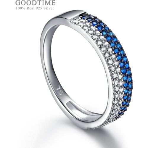Trendy Women Ring 925 Sterling Silver Ring Blue Crystal White Zircon Fashion Row Rhinestone Ring Jewelry Accessories For Girl