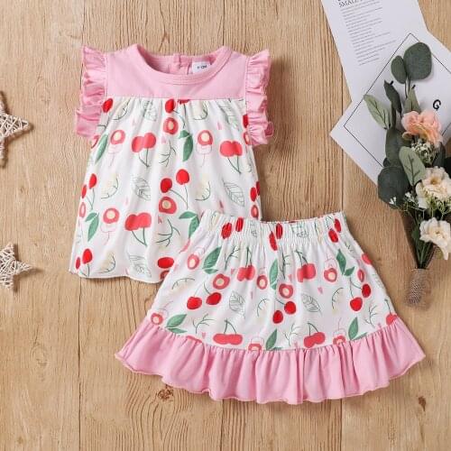 #VW Girls Cute Clothes Infant Baby Girls Ruffle Fruit Print Patchwork Ruffle Tops Falbala Skirts Sets Outfits vetement fille