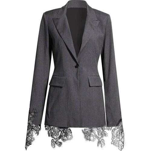 Women Black Gray Lace Split Joint Blazer New Lapel Long Sleeve Slim high waist notched single button blazer 2020 K762