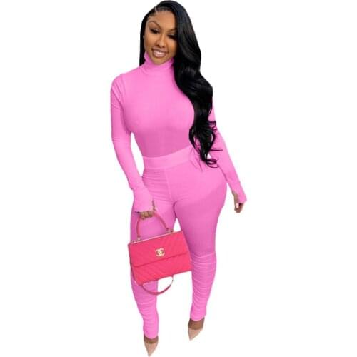 Turtleneck Knit Rib Two Piece Set Women Lounge wear Long Sleeve Hoodie Top with Stacked Leggings Bodycon Outfits Jogging Femme