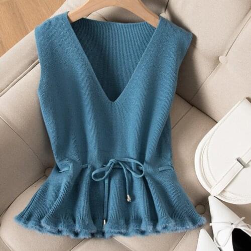 Autumn and winter korean style v neck knitted solid color sleeveless vest sweaters womens pullovers pull clothes vetement femme