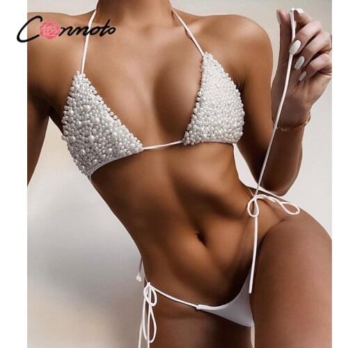 Conmoto Halter bikinis 2020 mujer Pearl swimwear women Thong bathing suit Triangle swimsuit female Extreme bathers biquini new