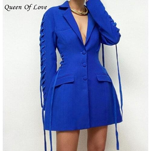 Office Ladies Blazer Dress Women Suits Outerwear Jackets 2021 New Long Bandage Sleeve Elegant Blue Jacket Dresses Female Outfits