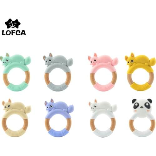 LOFCA 1pc Baby Teether Silicone Panda/Fox Wooden Ring BPA Free Food Grade Chewable Circle Teething Toys Newborn Grasps Gift