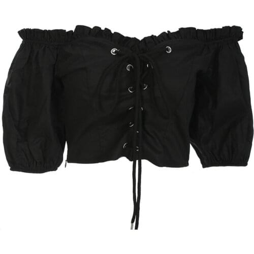 2021 Black Women Casual Sexy Vintage Gothic Shirt One-Neck Collar With Smocked Slimming Navel Short-Sleeved T-Shirt Streetwear