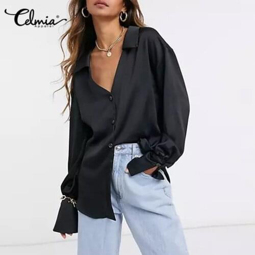 2021 Celmia Women Satin Elegant Shirts Fashion Solid Long Sleeve Office Tops Autumn Ladies Lapel Collar Button Casual Blouses