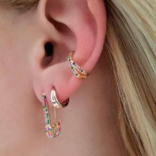 2021 New Unique Designer Colour Paperclip Safety Pin Studs Fashion Elegant Women Jewelry Gold Filled Rainbow Delicate Cz Earring