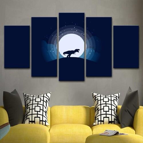 Printing HD Picture Decor Room Wall Art 5 Pieces Tyrannosaurus Animal And Moon Night Scene Canvas Paintings Modular Frame Poster