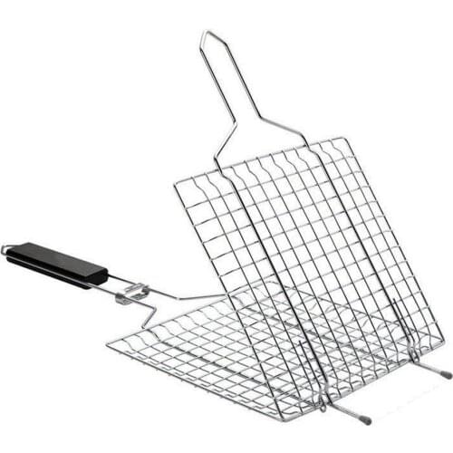 Barbecue Grilling Basket Grill Mesh Clip BBQ Net Solid Wooden Handle Grill Accessories Rack Meat Burger Fish Outdoor Fork Cook