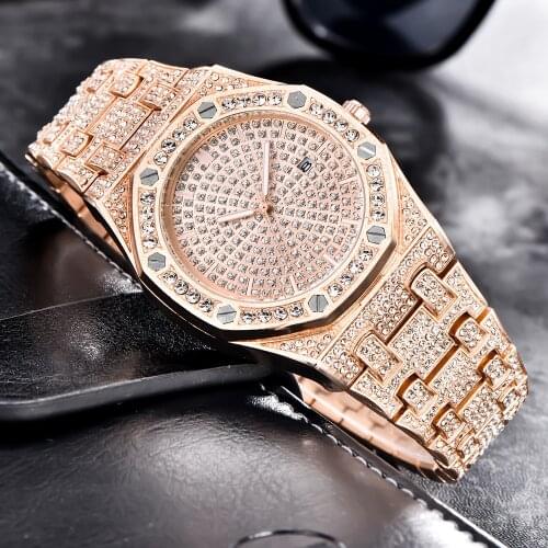 Top Brand Luxury Men Watch Diamond Studded Stainless Steel Hip-Hop Watch Women Rose Gold Clock Relogio Masculino Montre Homme