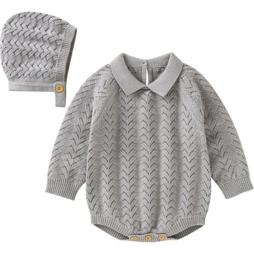 0-18M Baby’s Casual Long Sleeve Knitted Romper Fashion Solid Color Triangle Jumpsuits with Cap