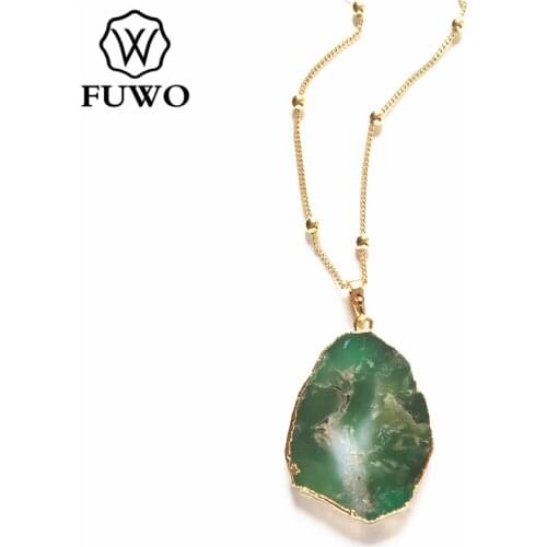 FUWO Natural Irregular Chrysoprase Necklace With Gold Color Plated Brass Beads Chain Simple Cute Australian Jades Jewelry NC251