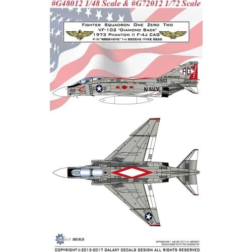 GALAXY G48012 G72012 1/48 1/72 Scale F-4J VF-102 Diamond Back 1973 Decal for Academy Airplane Model