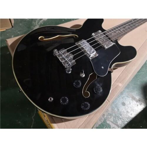 Custom 4-string 335 black electric bass guitar double f-hole hollow body, chrome alloy hardware in stock 62