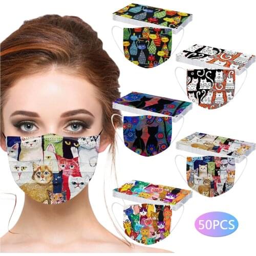 50pc Kawaii Disposable Face Masks For Women Cat Design 3ply Layers Protec Mouth Masks Femme Masques Halloween Cosplay Mascsrilla
