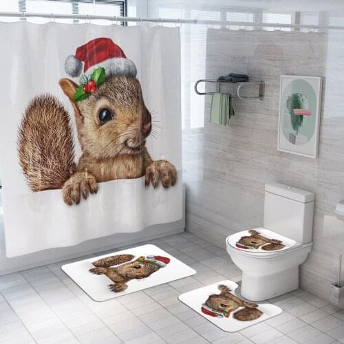 Cute Little Squirrel Bath Shower Curtains Set Christmas Waterproof Polyester Fabric Washable Bathroom Non-Slip Carpets Mat Set
