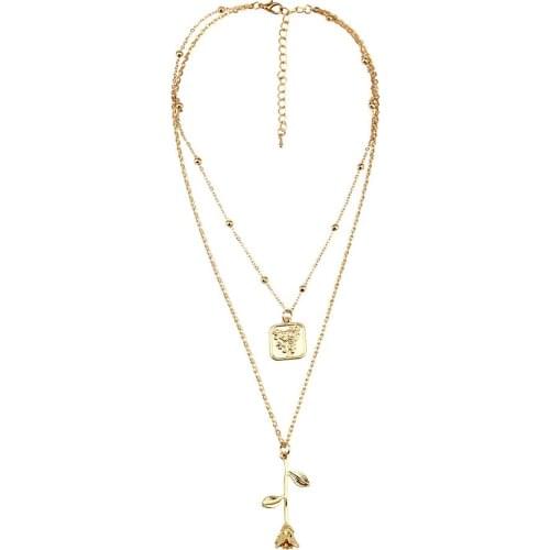 Multi-Layer Women Necklace Flower Rose Pendant Gold Long Chain Link Necklaces Charm Beauty Chic Jewelry
