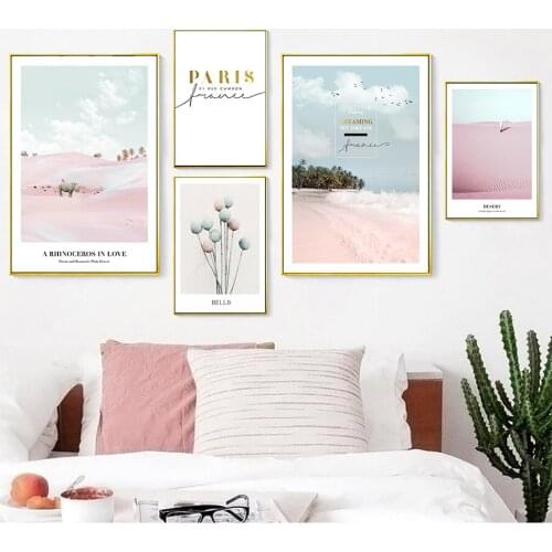 Sea Beach Wall Art Canvas Painting Pink Poster Prints Nordic Simple Fashion Pictures for Girls Bedroom Parlor Minimalist Decor