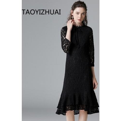 Autumn and winter new plus size womens lace dress taoyizhui fishtail skirt Long Sleeve Black Slim bottomed skirt
