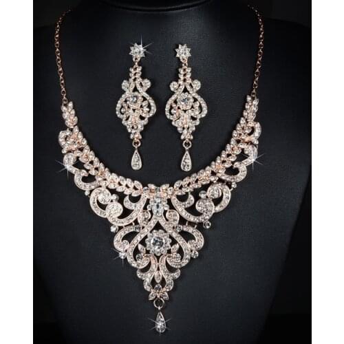 SLBRIDAL New Arrival Rose Gold Austrian Crystal Rhinestones Alloy Wedding Jewelry Set Bridal Necklace Earring Set Bridesmaids