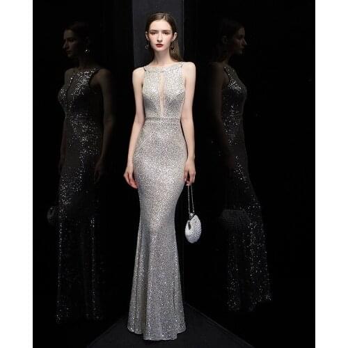 Sexy Halter Celebrity Dresses Mermaid 2021 Silver Gold Sequin Banquet Celebration Party Guests Evening Prom Gowns Sleeveless New