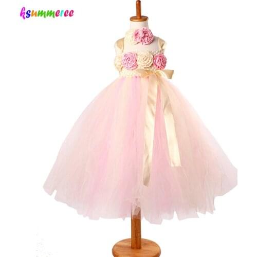 Girls Pink & Ivory Flowers Tutu Dress with Headband Children Princess Dress Full Length Floral Ball Gown Kids Wedding Clothes