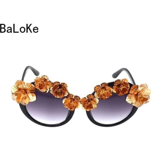 Baroque Steampunk Sunglass Black Frame Metal Flowers Round Sun Glasses Woman Party/Summer Beach Outdoor Casual Decoration
