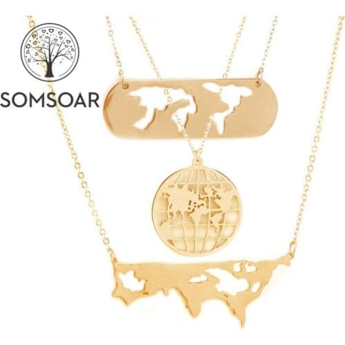 Somsoar Jewelry Wholesale Gold Color World Map Neklcae Stainless Steel Map Pendant with 45cm Chain for Women 10pcs/lot