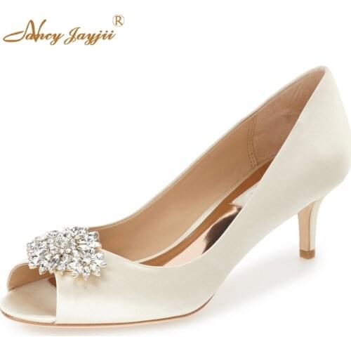 Ivory White Satin Peep Toe Rhinestone Pumps 2021 Autumn Women’s Crystal Stiletto Heels Female Office Party Elegant Slip On Shoes