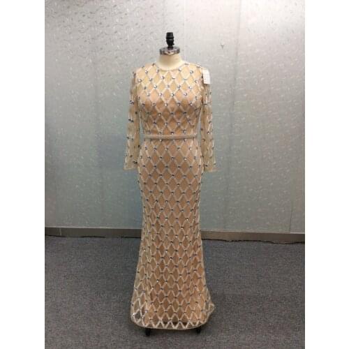Vintage Long Sleeve O-Neck Mermaid Champagne Evening Dresses Beaded Floor Length Zipper Back Formal Party Dresses for Women
